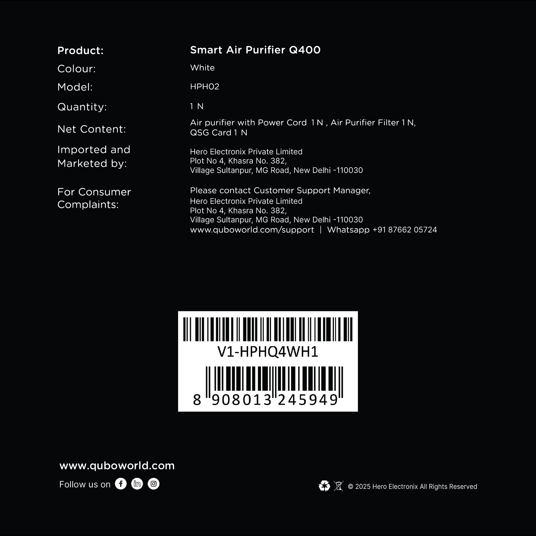 Q400 Smart Air Purifier Label