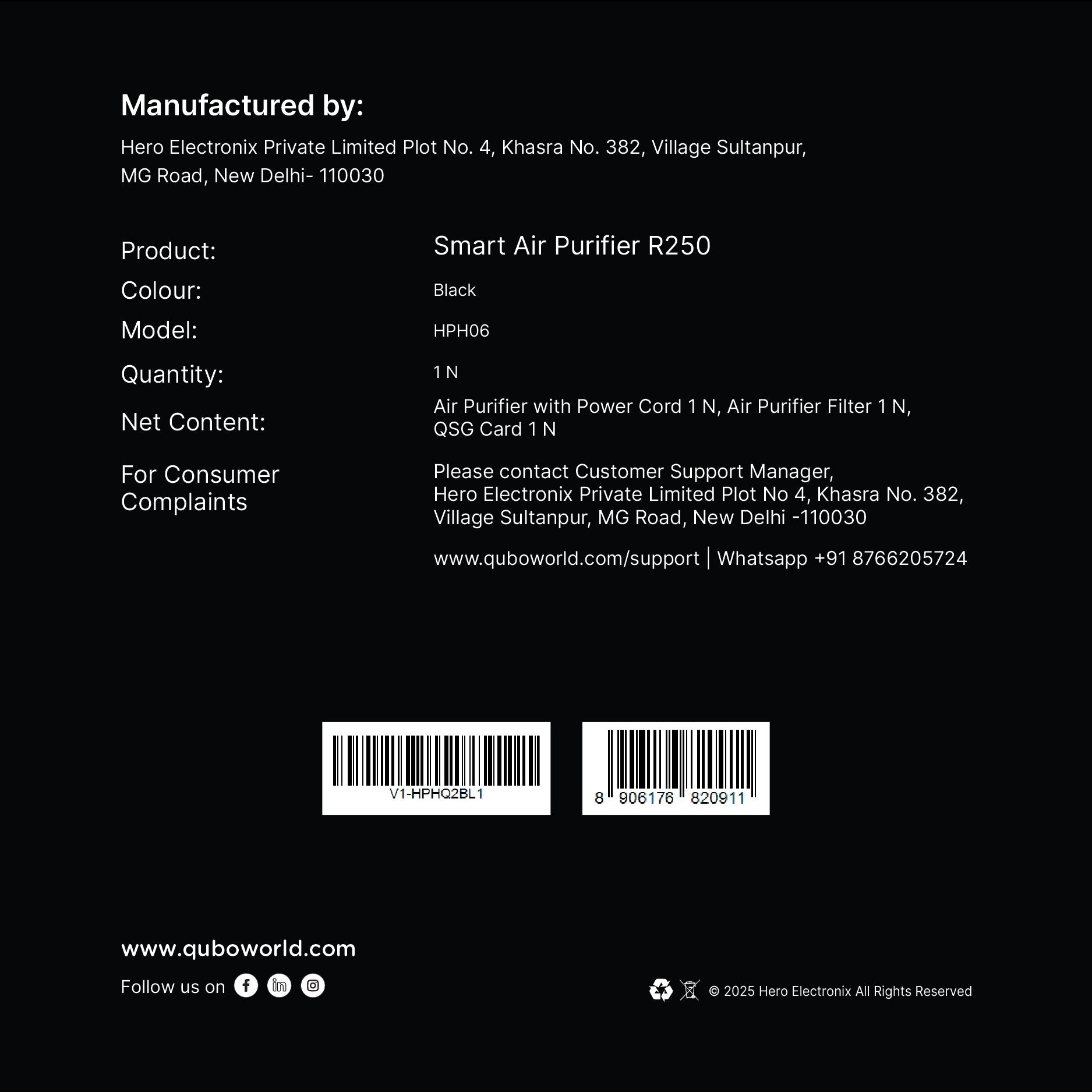 R250 Smart Air Purifier Label