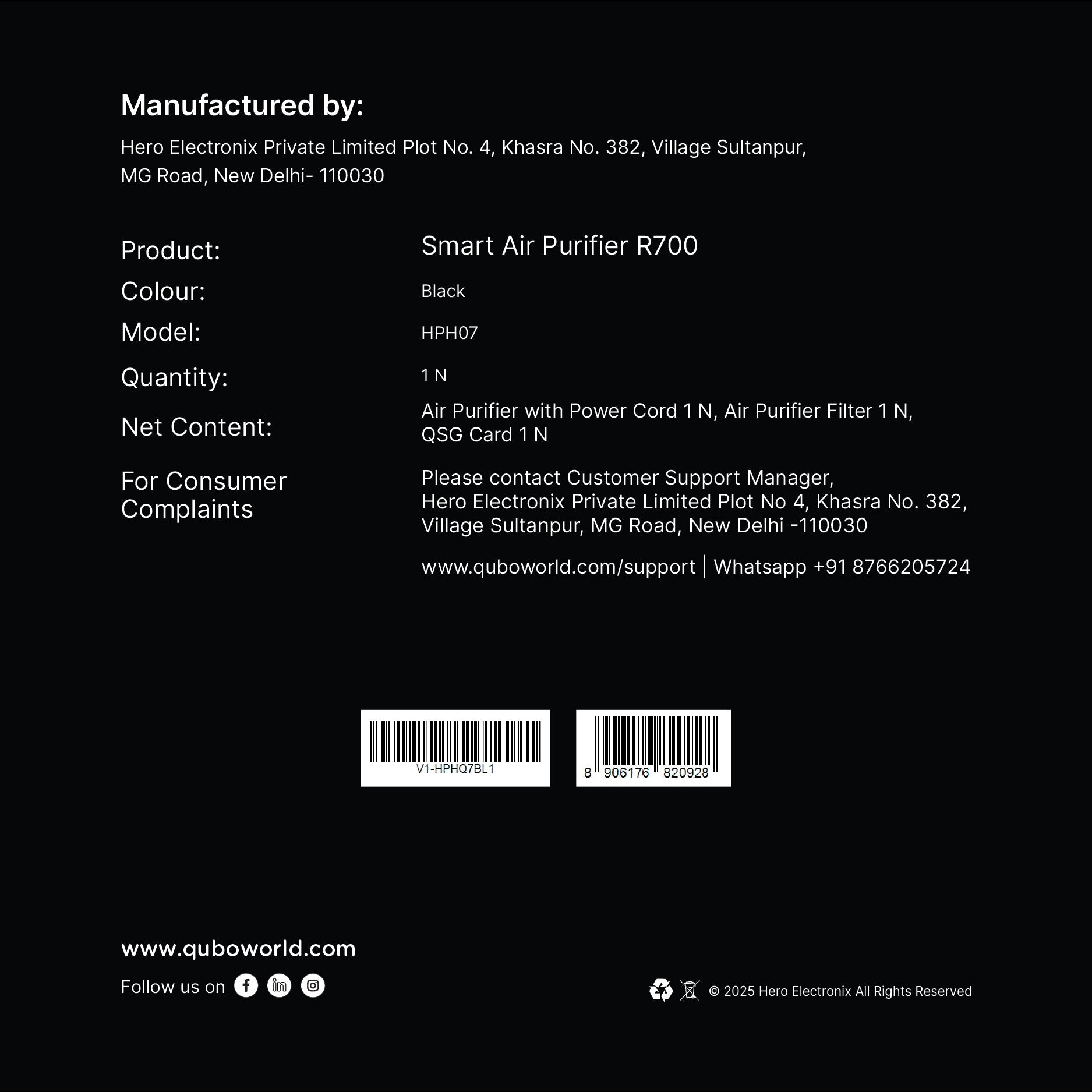 R700 Smart Air Purifier Label